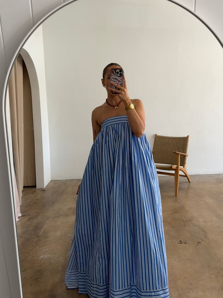 Sag Harbor Stripe Strapless Maxi Dress in Blue