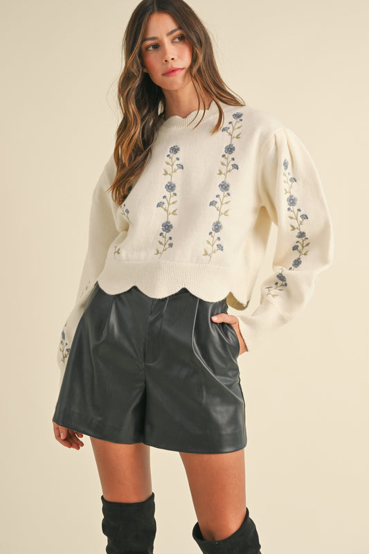 Carolena Floral Embroidered Scallop Sweater in Cream/Blue