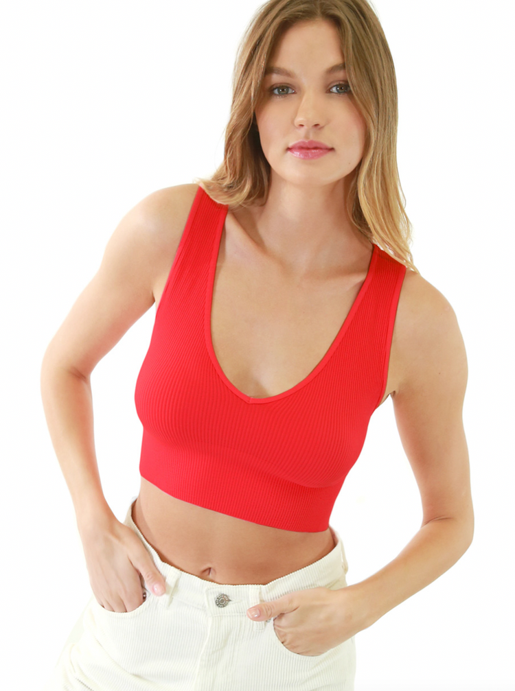 Billie Plunge Ribbed Top in Red