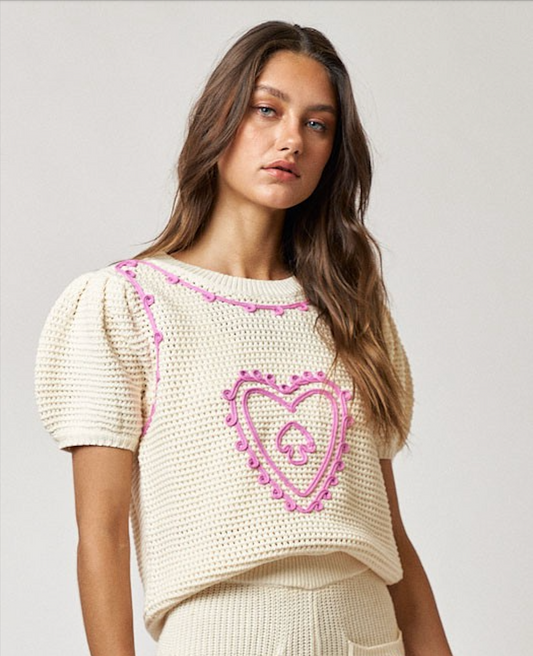 Queen Of Hearts Crochet Sweater in Pink/Cream