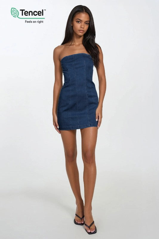 Rolend Strapless Denim Dress in Dark Blue