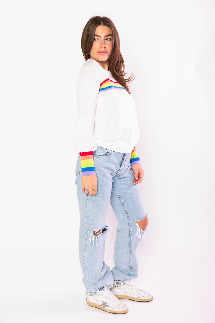 Maren Puff Sleeve Rainbow Sweater in White