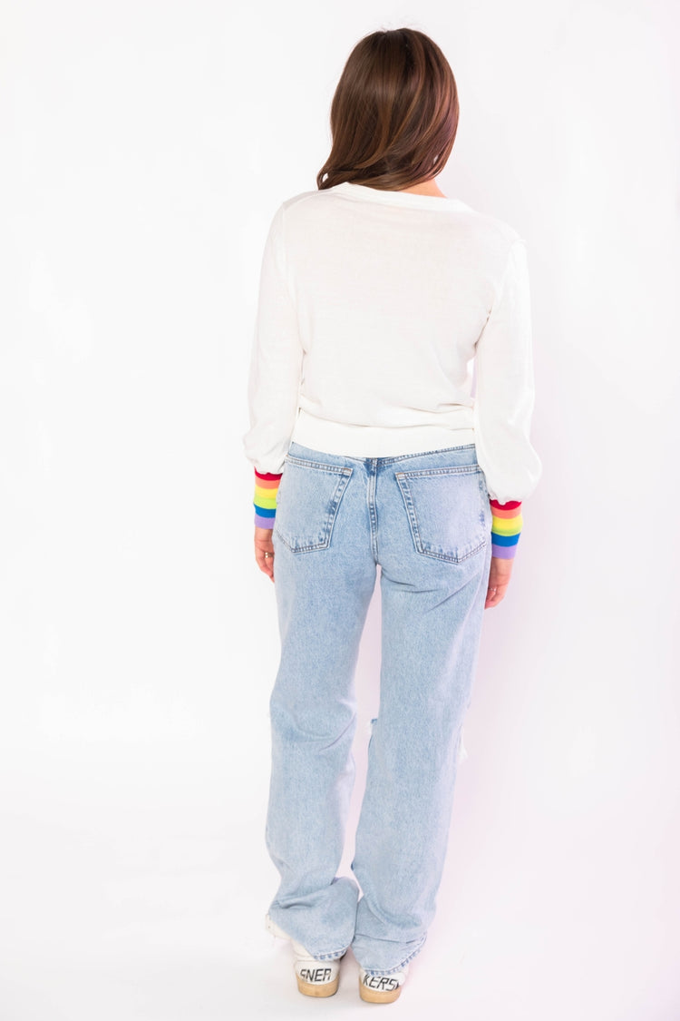Maren Puff Sleeve Rainbow Sweater in White