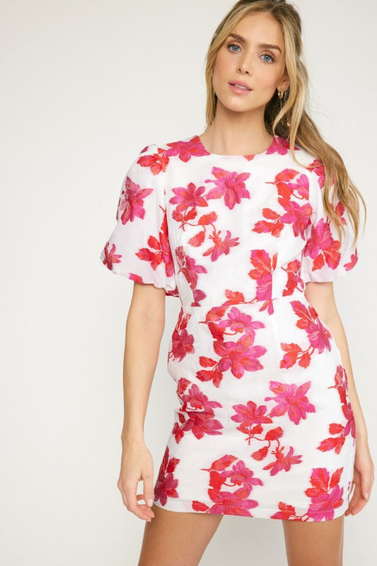 Adelé Floral Puff Sleeve Open Back Dress in Pink/Red
