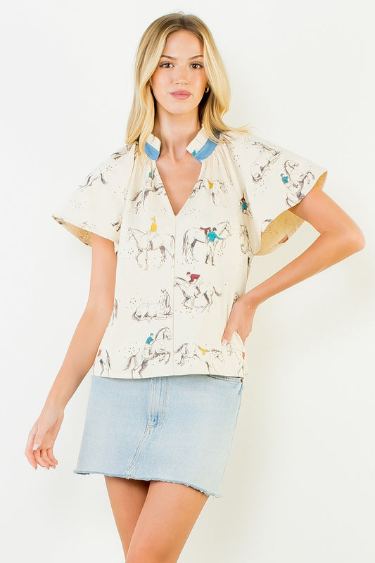 Keene Horse Denim Top in Cream
