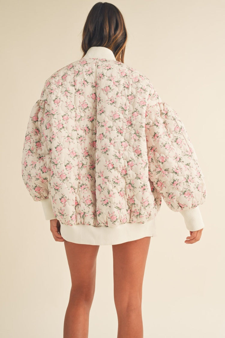 Josie Floral Quilted Bomber Jacket in Pink/Cream