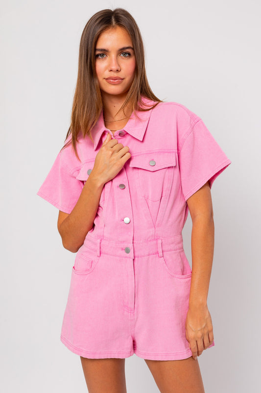Dolly Pocketed Denim Romper in Pink