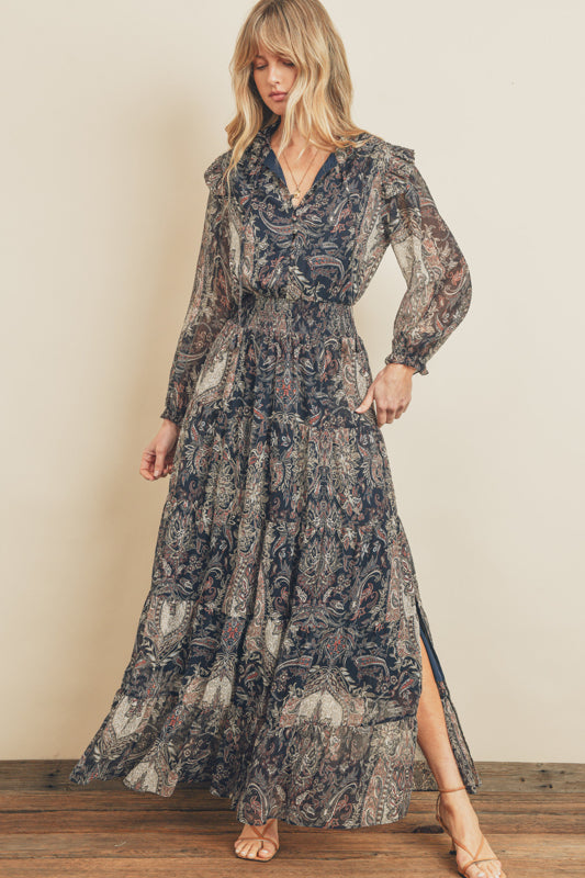 Valery Paisley Ruffle Maxi Dress