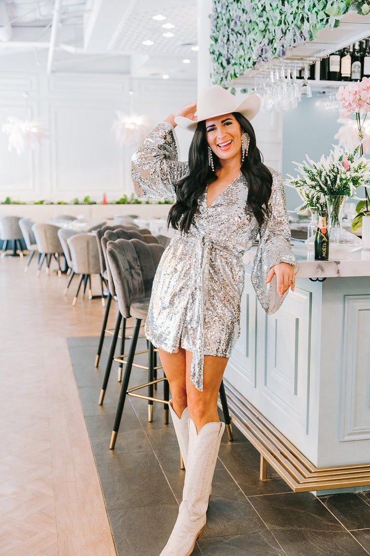 Evie Sequin Wrap Dress in Silver