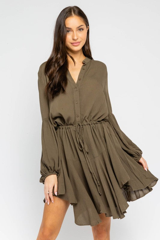 Milly Adjustable Balloon Sleeve Dress in Olive