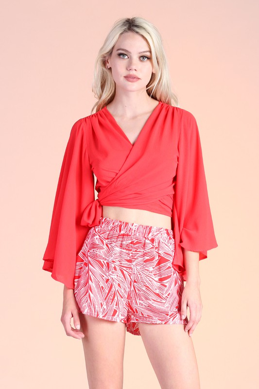 Brandy Bell Sleeve Wrap Top in Neon Coral