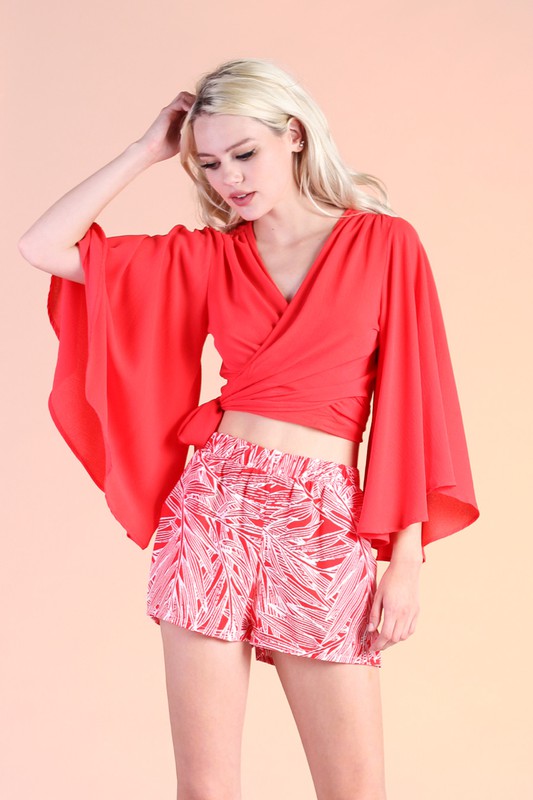 Brandy Bell Sleeve Wrap Top in Neon Coral