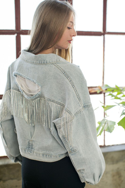 Rowe Rhinestone Fringe Denim Jacket in Light Blue