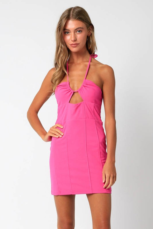 Everston Cut Out Halter Dress in Fuchsia