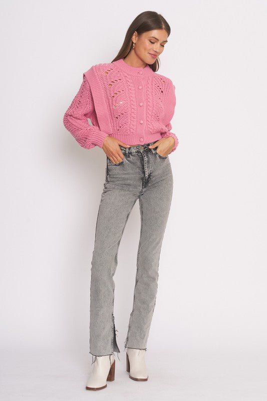 Genevieve Ruffle Knit Cardigan Sweater in Pink