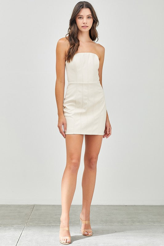Frances Faux Leather Strapless Dress in Bone