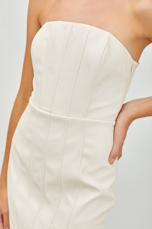 Frances Faux Leather Strapless Dress in Bone