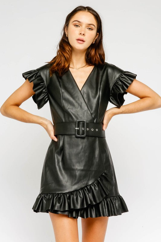 Claudette Faux Leather Belted Ruffle Dress