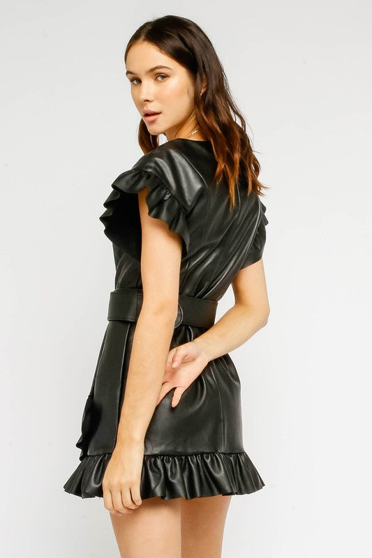 Claudette Faux Leather Belted Ruffle Dress