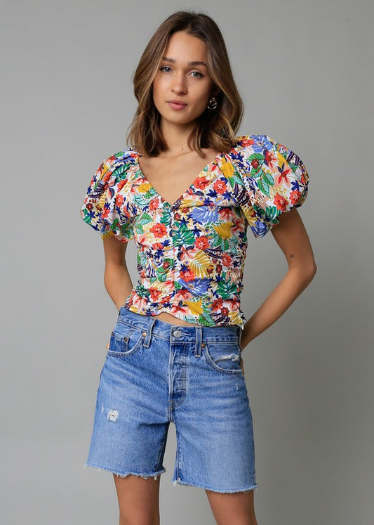 Yves Cinched Floral Puff Sleeve Top