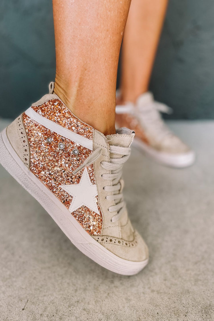 Rushie Rose Gold Glitter Mid Rise Star Sneakers