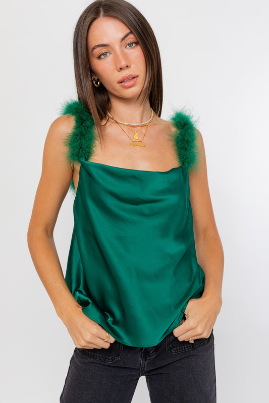 Giselle Fur Trim Cowl Neck Top in Hunter Green
