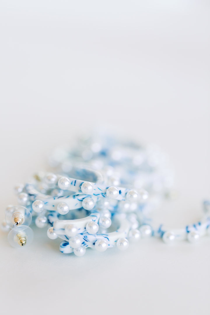 Marbled Blue and White Pearl Hoops | St. Armands Designs