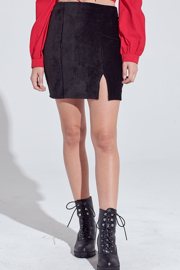 Kimberly Corduroy Slit Skirt in Black