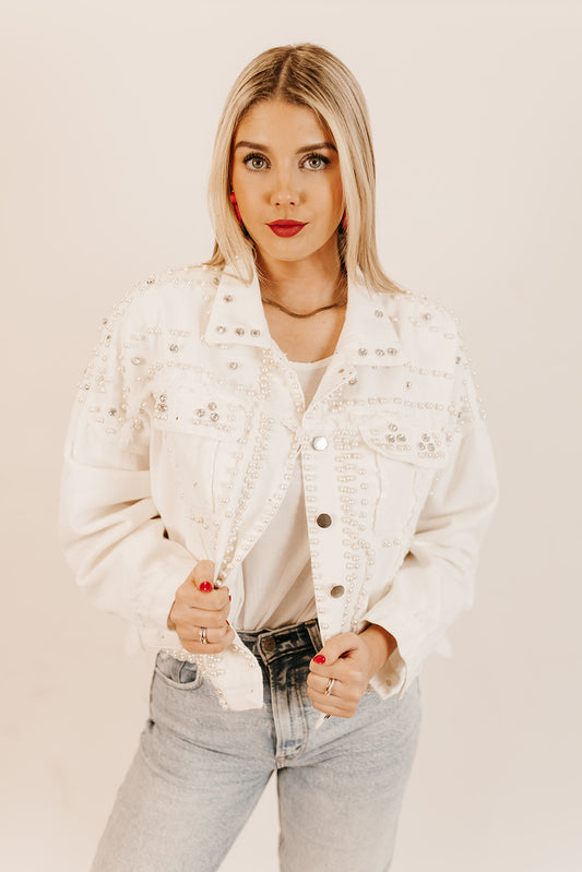 Gracie Pearl Embellished Denim Jacket in White