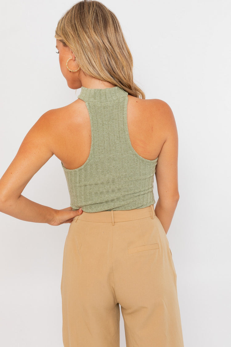Daphne Ribbed Sweater Mock Neck Bodysuit in Sage