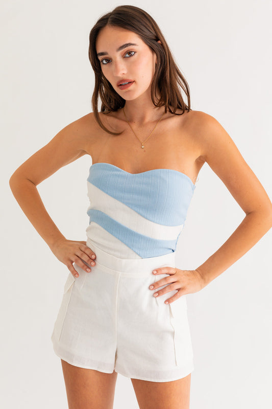 Kaycie Contrast Strapless Bodysuit in Baby Blue