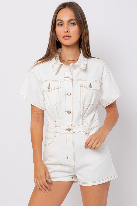 Kendall Pocketed Denim Romper in White